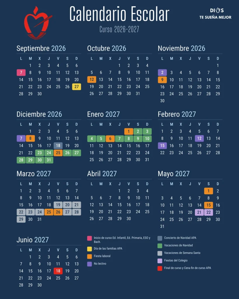 Calendario escolar del curso 2026-2027 del Colegio San Agustín Madrid, con los días no lectivos, vacaciones y fiestas señalados por colores
